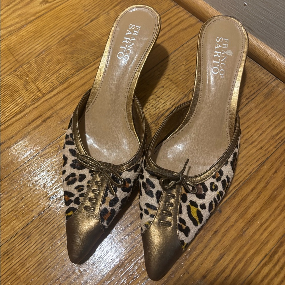 Franco Sarto Gold and Cheetah Pony Hair Mules Kitten Heels